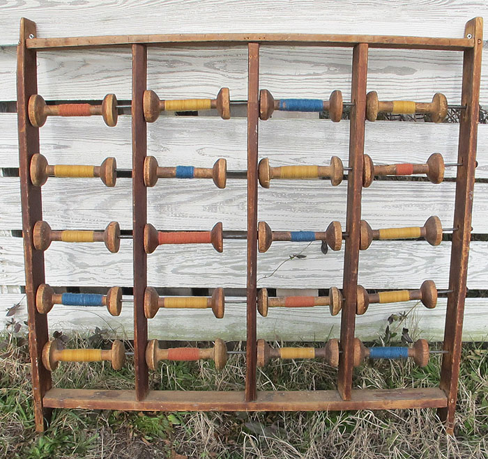 Antique Primitive Hanging Bobbin Spool Wood Rack Yarn Weaving Loom Folk