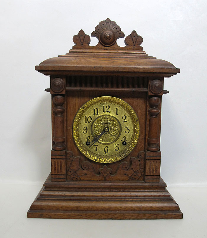 Antique Ingraham Eclipse 8Day Oak & Brass Cathedral Mantel